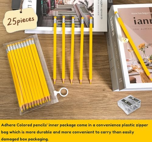 Adhere 25pcs Checking Pencils Erasable colored Pencils Pre-Sharpened #2 HB,for Checking Tests Grading,Map Coloring, editing Office Favors,including a Free sharpener. (Yellow)