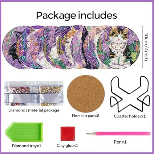 Leatrice Small Diamond Art Coasters Set Diamond Painting Kits for Adults Cat Diamond Dots Coasters Beginners Women Gem Art Coasters with Holder Funny Crafts Supplies for DIY Home Decor