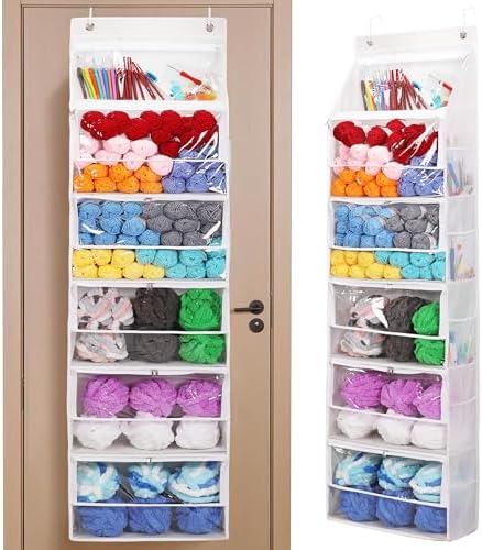 Hanging Yarn Storage Organizer, Large Capacity Knitting Organizer Storage with 6 Zipper Closure Compartments, Over the Door Hanging Yarn Holder for Knitting Needles Crochet Kit Crochet Hooks
