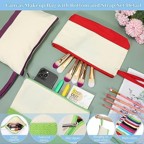Silkfly 48 Pcs Cotton Canvas Makeup Bags Cosmetic Zipper Bags 10.2 x 5.5 x 2'' Blank DIY Pouch Bulk Pencil Case with Bottom Travel Toiletry Pouch for Women Craft Decor Gift (24 Colors)
