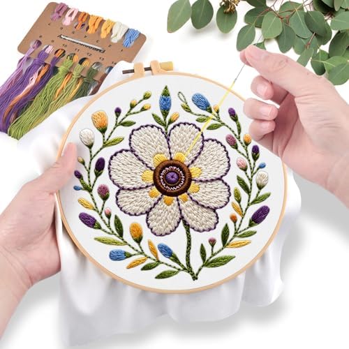 ERKOON Embroidery Kit for Beginners Adult, Cross Stitch Set Include Embroidery Cloth Hoop Threads for Craft Lover Hand Stitch with Embroidery Skill Techniques (Flower)