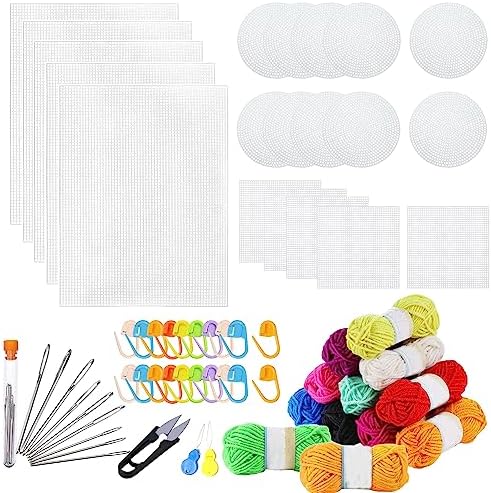 Allazone 45 PCS Mesh Plastic Canvas Sheets Kit, 3 Shape Clear Plastic Canvas, 12 Color Acrylic Yarn for DIY Crafts Embroidery Cross Stitch, Acrylic Yarn Crafting, Knit and Crochet Projects