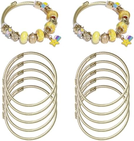 Exway 10 Pcs Elastic charm Bracelet chain Stainless Steel Cable Wire Twisted Cuff Bangle Bracelet Gold charm Bracelets Kit for Crafts DIY Women Jewelry Making