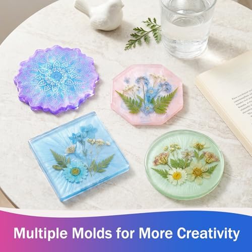 KISREL Epoxy Resin Kit for Beginners, 12OZ Resin Kit with Silicone Coaster Molds, Complete Accessories Include Mica Powders, Dried Flowers, Measuring Cups and Other Resin Supplies for DIY