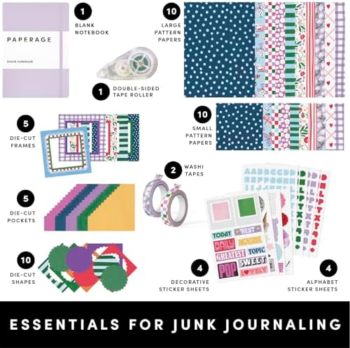 PAPERAGE Junk Journal & Scrapbook Kit, Hardcover Blank Journal Notebook, 20 Patterned Papers, 8 Sticker Sheets, 20 Die-Cut Shapes, 2 Washi Tapes & Tape Roller, Creative Journaling Supplies - Lavender