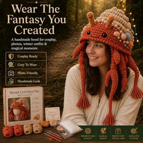 Ocean Series Hood Hat DIY Crochet Kit, Create Your Own Ocean Inspired Character Hood, Handmade Art Crafts for Beginners Adults, Fun Creative Gift for Crochet Lovers，Hermit Crab (Frost Dragon)