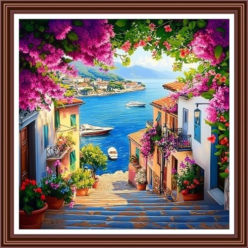 Dimensean Counted Cross Stitch Kit for Beginners, 11CT Unprinted Cross-Stitch Kit Easy Patterns Needlepoint Kit Cross Stitching Embroidery Kit Supplies-Seaside Floral Scenery 18x18 inch
