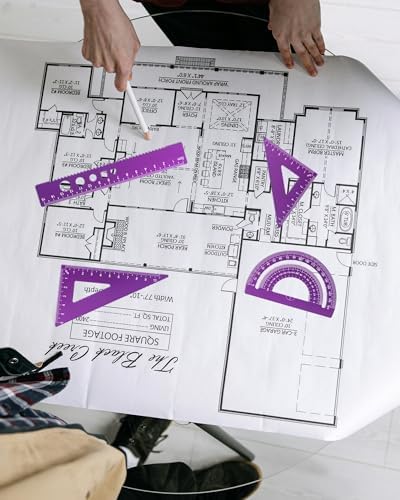 5 Pcs Metal Geometry Set, Math Drafting Ruler Kit- Aluminum Triangle Rulers, Protractor, 8 Inch and 6 Inch Drawing Ruler, Measuring Tool for School and Office Supplies (Purple)