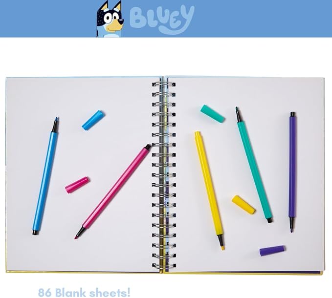 Innovative Designs Bluey Sketchbook for Kids with Washable Markers, 86 Blank Pages Spiral Bound, Blue