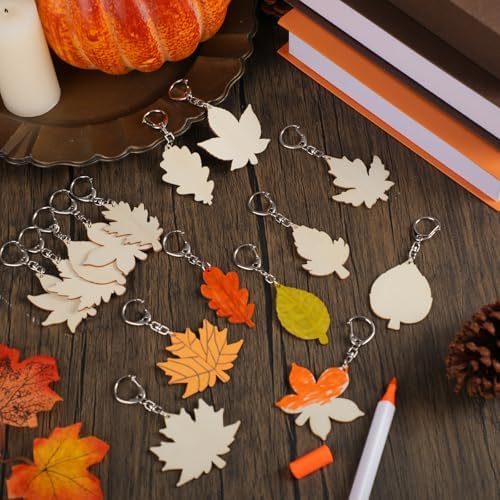 Trnayi 36 Pcs Maple Leaf Wood Keychain Color Your Own DIY Craft | Maple Leaf Wooden Keychain, Color Your Own Unfinished Craft, Blank Wood Painting DIY Craft, for Thanksgiving Art Project