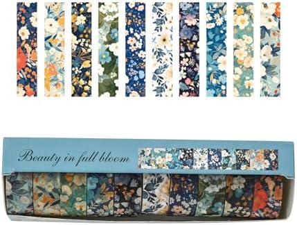 10 Rolls Blooming Flowers Washi Tape Set Floral Arts Adhesive Tapes Colorful Garden Decorative Masking Tape Sets for Craft, Kids, Scrapbook, DIY, Gift Wrapping (6-Silence)