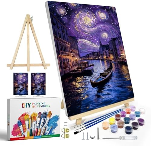JOOZ Paint by Numbers Kit for Adults with Frame, Starry Night Paint by Numbers with Easel, DIY Town River Boat Paint by Numbers Landscape for Home Wall Decor 8 x 12 Inch