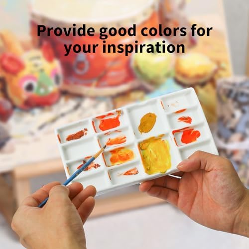 8" Porcelain Watercolor Palette - 14 Well Ceramic Artist Paint Palette with Mixing Tray for Painting and Craft Projects
