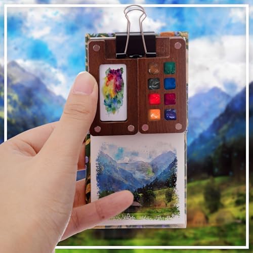 Qilery Mini Portable Watercolor Palette Set Wooden Grid Paint Box Watercolor Paper Sketch Book Brush Pens with Binder Clip for Painters Artist Not Include Paint(Bird)