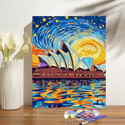 Sydney Opera House Paint by Numbers Kit for Adults Beginner Starry Night Oil Painting Kit Adult Paint by Number Kits on Canvas DIY Painting for Beginners Art by Numbers for Gifts Wall Decor 16x20 Inch