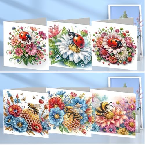 Diamond Art Cards with Envelopes–6PCS DIY Diamond Painting Greeting Cards Kit | Card Making Kit with Bling for Adults & Beginners | Birthday,Holiday & Thank You Cards (Flower Ladybug and Bee)