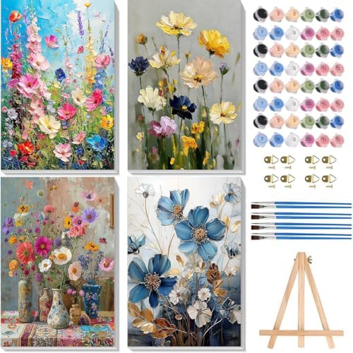 4 Pack Flowers Paint by Numbers for Adults with Framed Canvas 8x12inch