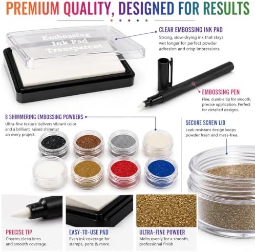 Embossing Kit, Powder, Clear Embossing Pen, Embossing Ink Pad, 8X 10ml Embossing Powders for Use with Embossing Heat Tool for Crafts