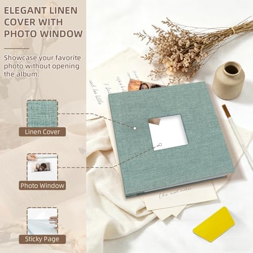 Popotop Photo Album Self Adhesive with Picture Display Window,60 Pages DIY Scrapbooking Supplies Kit for 4x6 10x12 Picture,Linen Cover Memory Book for Baby Wedding, with Scraper and Metallic Pen