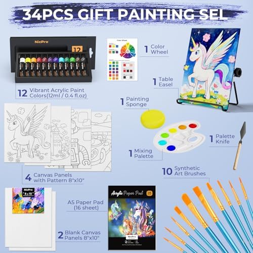 Nicpro 34PCS Kids Painting Set with Pattern Canvas for Beginner Students