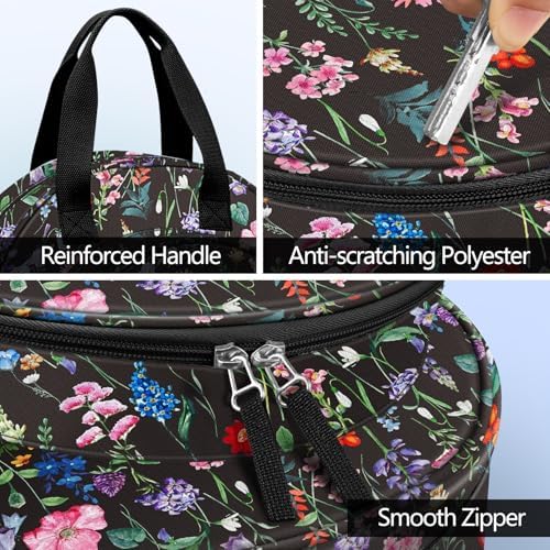 FINPAC Embroidery Project Bag, Embroidery Supplies Storage Carrying Tote Case with Multiple Pockets for Floss, Hoops, Thread, Stitch Tools Kit [Bag Only] (Black Floral)