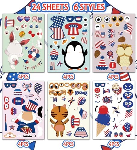 4th of July Stickers – 24 Sheets Patriotic USA Flag & Fireworks Decorative Stickers for Independence Day Party Decorations, DIY Crafts, Gift Wrapping & Scrapbooking