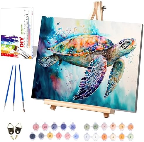 Sea Turtle Paint by Numbers for Adults with Framed Canvas - Wooden Easel
