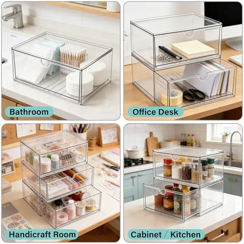 Prsildan Acrylic Makeup Organizer, 2 Pack Stackable Clear Storage Drawers for Baby Bottles Desk Organizers with 2 Drawers for Countertop Vanity Nursery Modular System for Cosmetics Jewelry