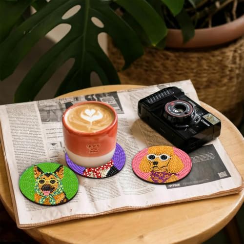 CRZMODE 8 Pcs Dog Diamond Art Coasters Kits, Diamond Painting Coasters with Holder Set of 8, DIY Dog Art Crafts Supplies for Adults Cup Mat House Warming Gifts Non-Slip