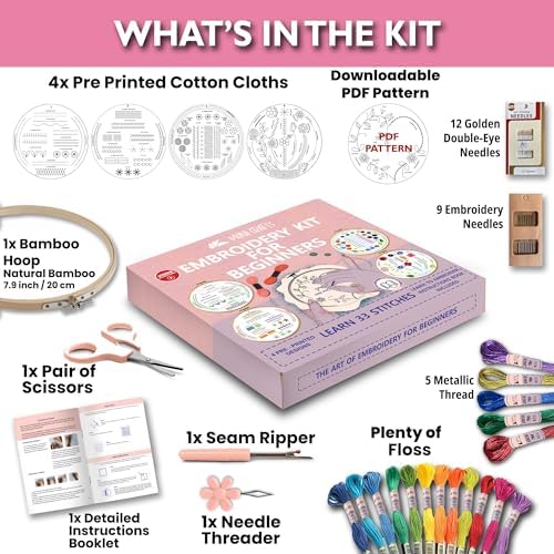 Moni Crafts Embroidery Kit for Beginners – DIY Hand Embroidery Set for Adults with 4 Stamped Patterns, Hoop, Threads, Needles and Step-by-Step Stitch Guide to Learn 33 Stitches