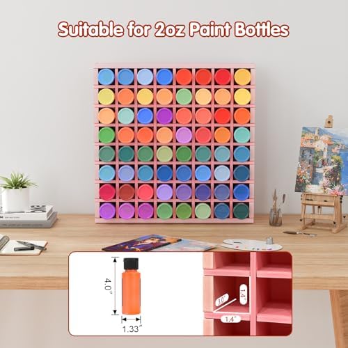 Krafetto 64-Grid Paint Organizer for 2 Oz Bottles, Wall Mount, Pink