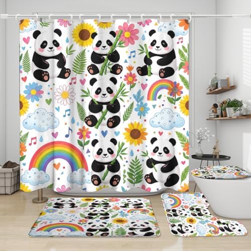 Cartoon Animal Baby Panda Shower Curtain Sets 4 Piece,Kawii Spring Forest Rainbow Bathroom Decor Sets with Rugs,Aesthetics Flowers Bamboo Leaves Waterproof Toilet Lid Cover Bath Mat