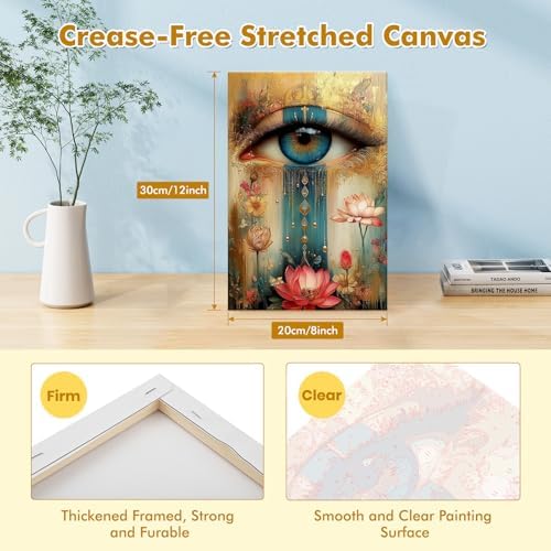 Bowetile Framed Paint by Numbers Eye Kit for Adults Beginners, Adults' Paint-by-Number Kits on Canvas, Painting by Numbers Lotus, Acrylic Vintage Number Painting for Home Wall Decor, 8x12in