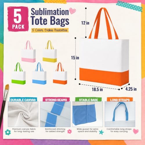 Joyclub 5 Pack Large Canvas Tote Bags Bulk for Daily Use Colorful