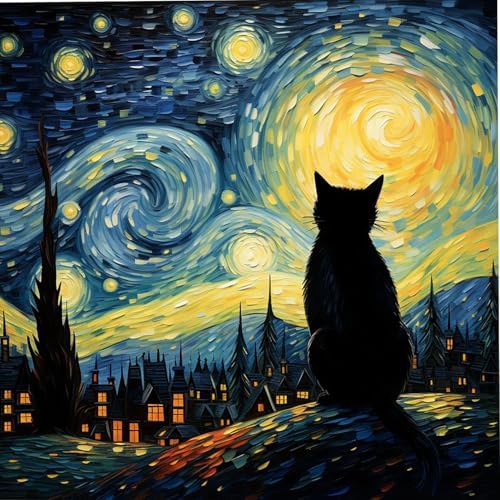 VeGuude Cat Diamond Art Kits for Adults-Starry Night Diamond Painting Kits for Adults Beginners, 5D DIY Full Drill Diamond Painting Cat Gem Art and Crafts Home Wall Decoration 14x14inch