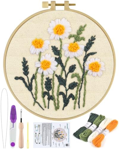 ERKOON Punch Needle Kit Beginners Adults, DIY Easy Flower Embroidery Set for Starter Art Craft, Needling Punching Project with Patterns, Tools, Yarns, Hoop, Instruction (Daisy)