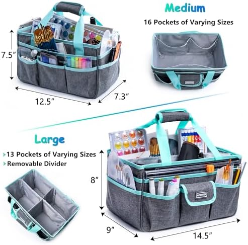 Art Supply Organizer Tote Bag – Craft Caddy with Handle, Utility Storage Tote with Multiple Pockets & Adjustable Divider for Sewing, Scrapbooking, School, Office, Medical Supplies