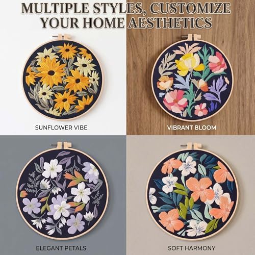 Harimau Adult Beginner Embroidery Starter Kit, Complete Set with 4 Patterns, 2 Hoops, Needles, Scissors, Instruction Guide & Stitching Video Tutorials