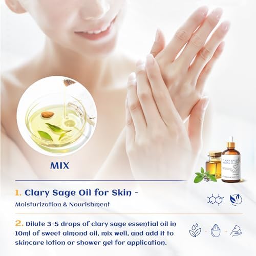 HIQILI Clary Sage Oil Essential, Herbal Sooth Aroma in Diffuse, Meditation, Calming Sleep at Bedtime, Body Massage, Moisturize Skin, DIY Deodorant Spray - 100ML