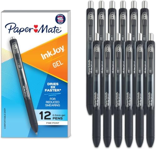 Paper Mate InkJoy Gel Pens, Retractable, Fine Point (0.5mm), Black Ink,Comfortable Grip, Writing, Teacher Supplies, 12 Count (Pack of 12)