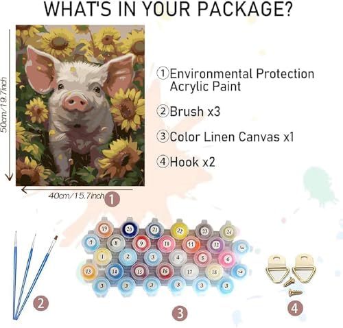 AALBLAC Pig Paint by Numbers Kit for Adults Beginners- Pig Sunflower Paint by Number Canvas, Easy Animal Acrylic Painting by Numbers for Home Wall Decor (16x20 inch)