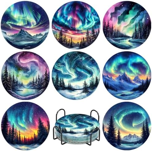 NEGEKFKX 8 Pcs Aurora Diamond Art Painting Coasters Kits,Landscape Coaster with Holder for Adults, Non-Slip DIY Dot Paint Craft Kits,5D Full Drill DIY Diamond Dot Gem Art Kit Home Decor Arts Craft