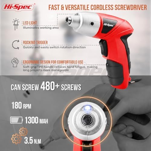 Hi-Spec 3.6V USB Small Power Screwdriver & Home DIY Tool Kit with Case, Red | 19pc, fast assembly help, common screw bit selection, LED visibility, compact grip, quick household fixes, organized storage