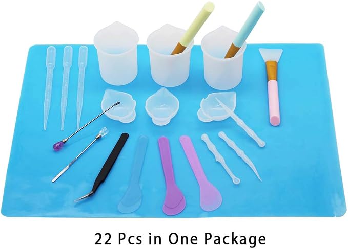 Resin Tools Set 22pcs, A3 Silicone Sheet with 100 ml Measuring Mixing Cups, Brushes Stir Sticks Spoons, Pipette for Epoxy Resin DIY Crafts Painting