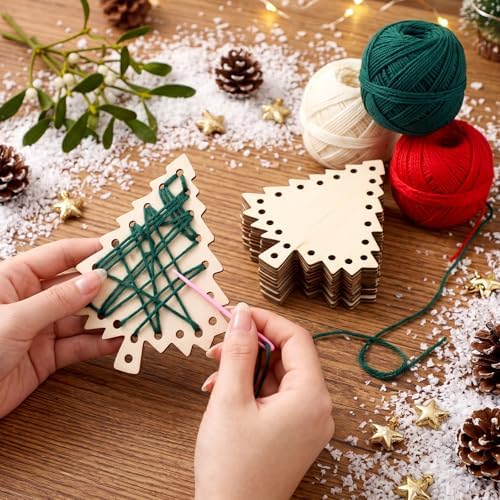 Kathfly 24 Set Christmas Wooden Craft Kit Christmas Tree String Craft Ornaments with Yarn and Plastic Weaving Tools DIY Art Hanging Decorations for Classroom Xmas Holiday Party Favor Home Activities