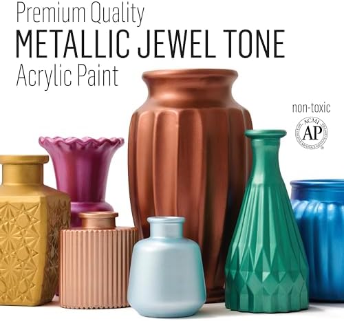FolkArt Jewel Tone Acrylic Craft Paint Kit, 15 Piece Set Including 12 Metallic Colors and 3 Premium Paintbrushes, PROMOFAMET15