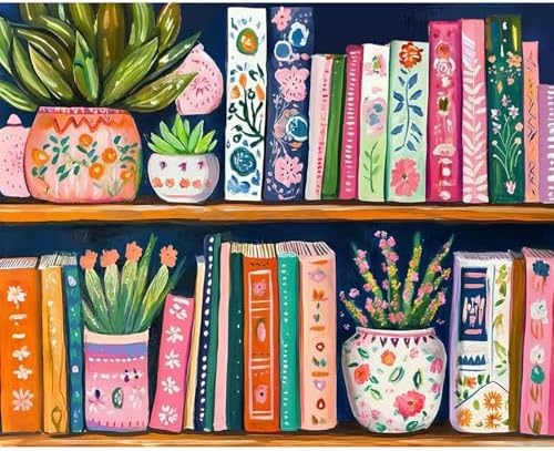 ajepon Books Paint by Numbers Kit for Adults - Painting by Number Kits Books, Bookshelf Adults Paint by Numbers Kits on Canvas Without Frame Oil Painting for Home Wall Decor 16X20inch