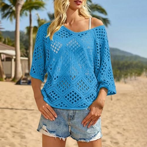 Bohemian Crochet Tops for Women 3/4 Sleeve V-Neck Open Knit Pullover Beach Cover Ups Hollow Out Boho Vacation Blouse