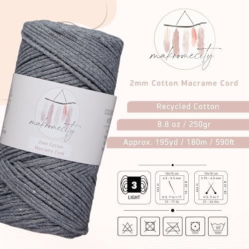 Makromecity, Cotton Macrame Cord 2mm x 195 Yards (590 feet) 2mm Recycled Cotton Crochet Yarn for Macrame Art & Crafts for Wall Hangings, Bags, Underplate, Rug (25 Colors Available) (Dark Grey)