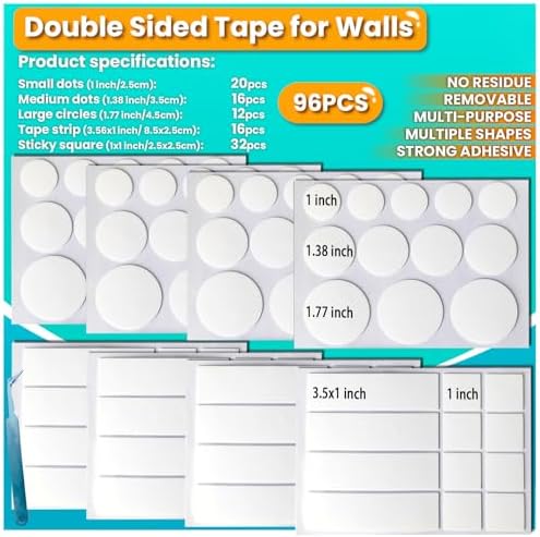 Double Sided Tape for Walls, Picture Hanging Strips Removable Mounting Dots | No Glue Residue Adhesive for Art Craft, Decoration, Balloon, Party Supplies, Multipurpose
